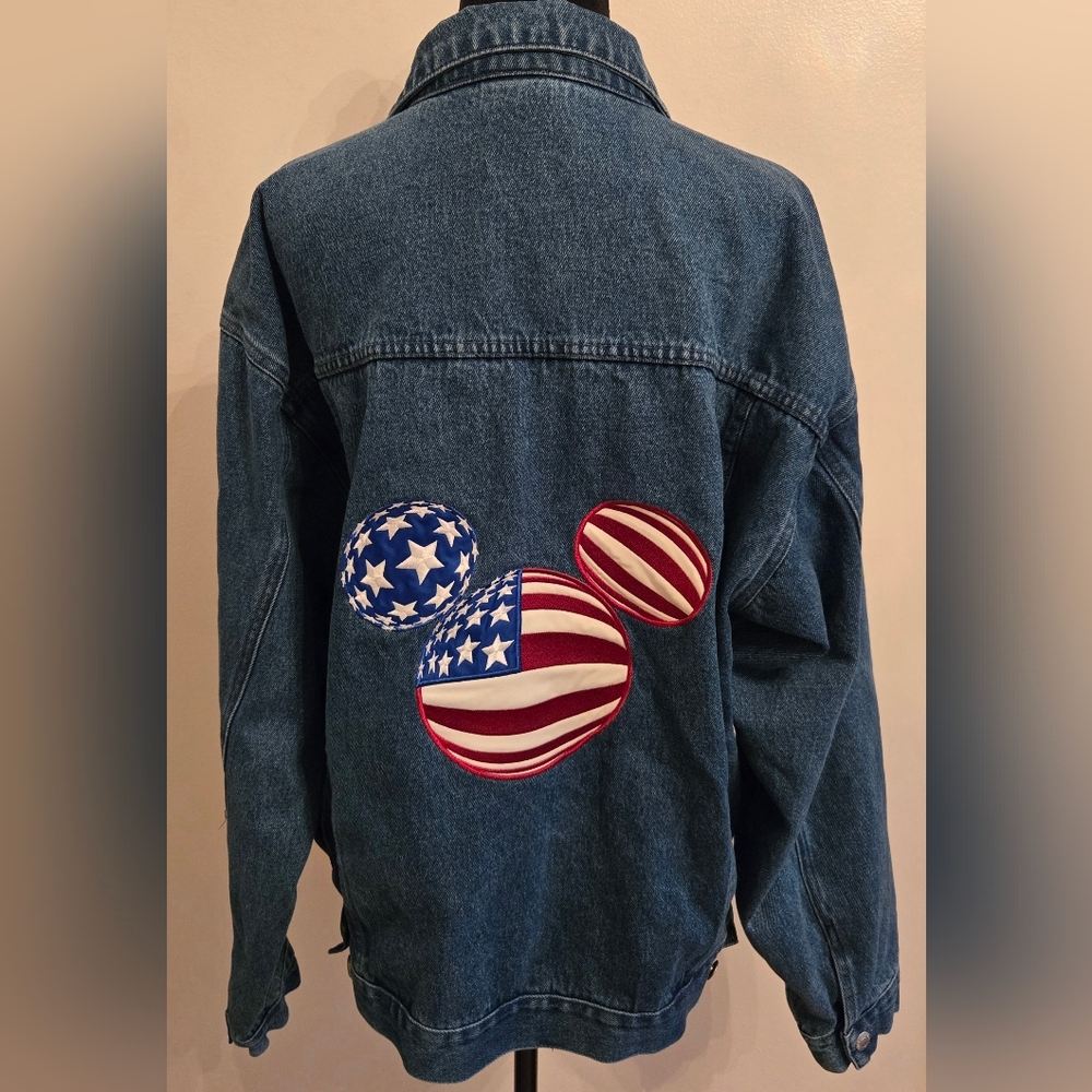 Disneyland Resort Vintage Oversized Denim Jean Jacket Mickey Mouse USA Flag Y2K